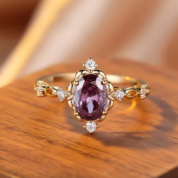 14k Yellow Gold Diamond Purple Amethyst Ring - Picture 6 of 10